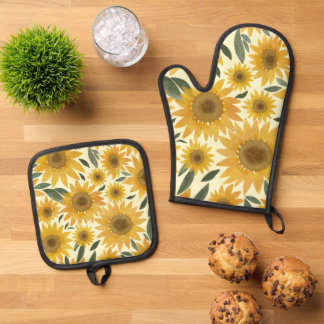 Aquarell-Sonnenblumen Ofenhandschuh & Topflappen-Set