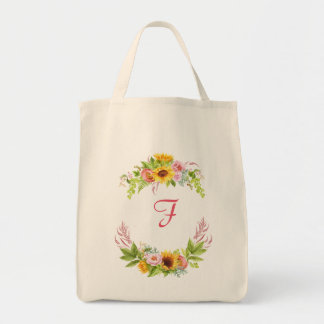 Aquarell Sonnenblumen Peonies Rose Monogram Boho Tragetasche