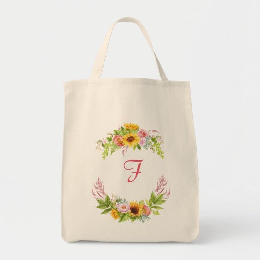 Aquarell Sonnenblumen Peonies Rose Monogram Boho Tragetasche (Vorne)