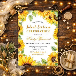 Aquarell-Sonnenblumen-Rahmen Sweet 16 Einladung