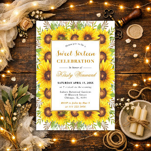 Aquarell-Sonnenblumen-Rahmen Sweet 16 Einladung