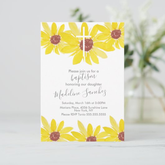 Aquarell Sonnenblumen Taufe Handgemalt Einladung (Stehend Vorderseite)