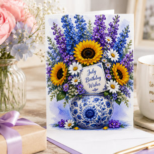 Aquarell-Sonnenblumen und blaue Blumen zum Juli-Ge Karte