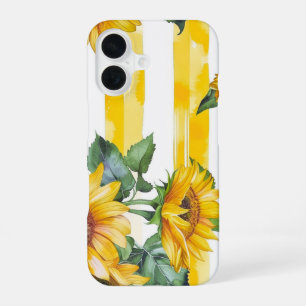 Aquarell-Sonnenblumen- und gelbes Streifenmuster iPhone 16 Hülle
