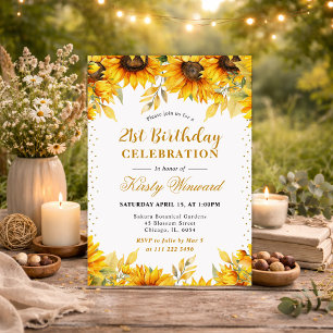 Aquarell-Sonnenblumen und goldener Glitter-Geburts Einladung