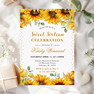 Aquarell-Sonnenblumen und goldener Glitter Sweet S Einladung