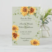 Aquarell Sonnenblumen und Weinreben auf Weide Grün Save The Date (Stehend Vorderseite)