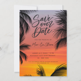 Aquarell-Sonnenuntergang-Palm-Strand-Hochzeit Save The Date