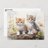 Aquarell Springtime Kittens Pink Geranias Postkarte (Vorne/Hinten)