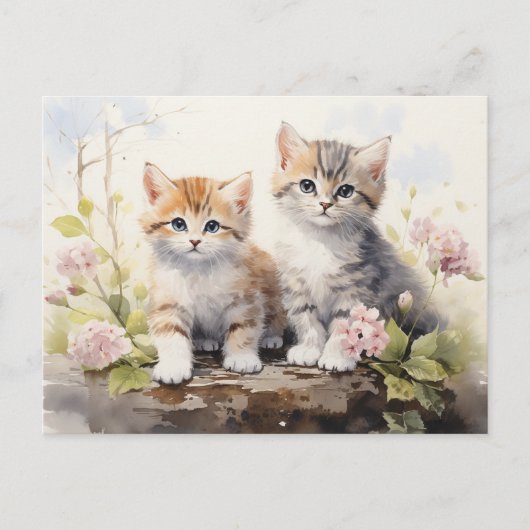 Aquarell Springtime Kittens Pink Geranias Postkarte (Vorderseite)