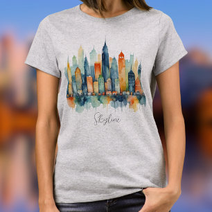 Aquarell Stadt-Silhouette Moderne Kühle Urbane Gra T-Shirt