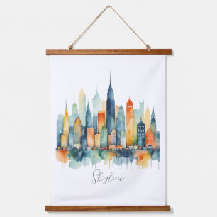 Aquarell Stadt-Silhouette Moderne urbane Stadtland Wandteppich Mit Holzrahmen
