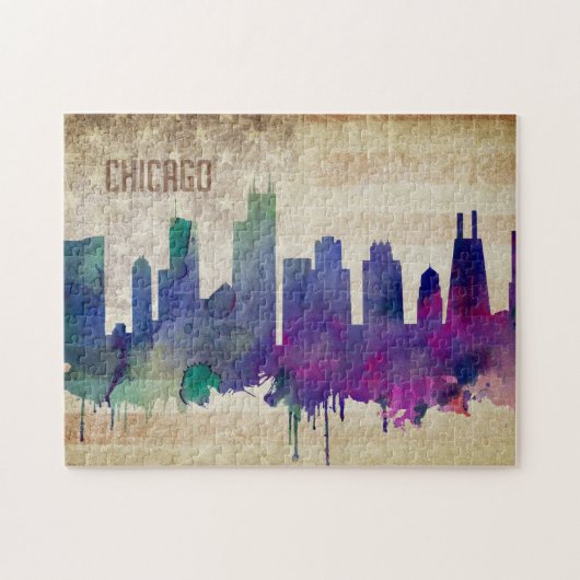 Aquarell-Stadt-Skyline Chicagos, IL | Puzzle (Horizontal)