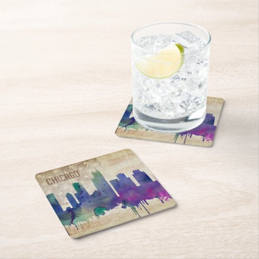 Aquarell-Stadt-Skyline Chicagos, IL | Rechteckiger Pappuntersetzer (Vor Ort)
