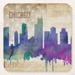 Aquarell-Stadt-Skyline Chicagos, IL Rechteckiger Pappuntersetzer
