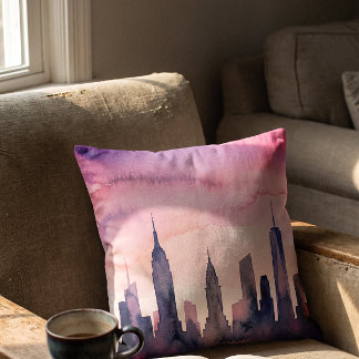Aquarell-Stadtbild Indigo Pastellrosa NY-Skyline Kissen