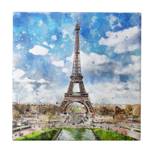 Aquarell-Stadtbild Paris, Eiffel in Richtung zu Fliese (Vorderseite)