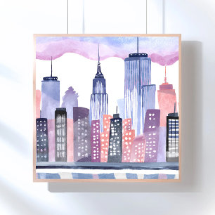 Aquarell-Stadtbild-Silhouette-Malerei Poster