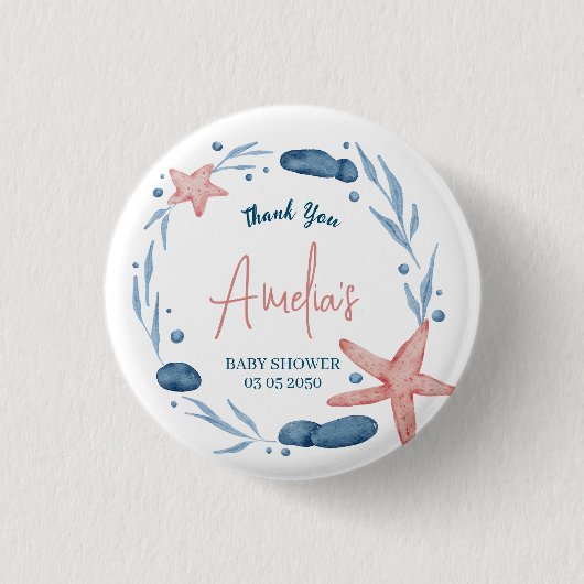 Aquarell Starfish Blue Coral Reef Babydusche Button (Vorderseite)
