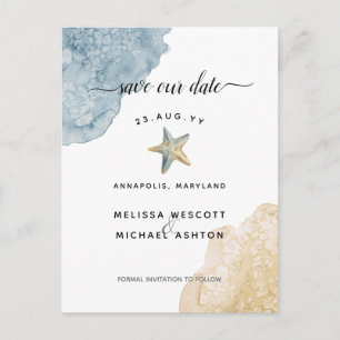 Aquarell Starfish Dusty Blue Rette unser Datum Ankündigungspostkarte