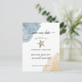 Aquarell Starfish Dusty Blue Rette unser Datum Ankündigungspostkarte (Stehend Vorderseite)