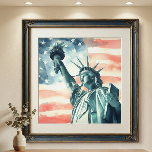 Aquarell Statue of Liberty mit amerikanischer Flag Fotodruck