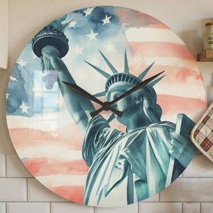 Aquarell Statue of Liberty mit amerikanischer Flag Große Wanduhr