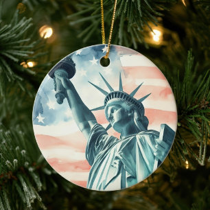 Aquarell Statue of Liberty mit amerikanischer Flag Keramik Ornament