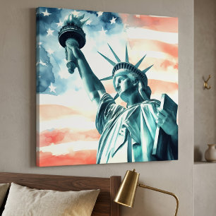 Aquarell Statue of Liberty mit amerikanischer Flag Leinwanddruck