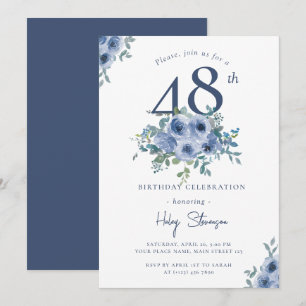 Aquarell Staubblau Blumen 48. Geburtstag Chic Einladung