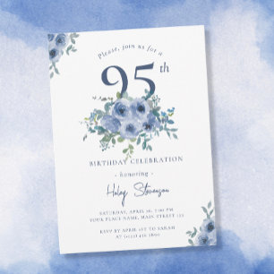 Aquarell Staubblau Blumen 95. Geburtstag Chic Einladung