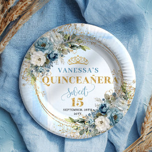Aquarell Staubblau Blumen Gold Name Quinceañera  Pappteller