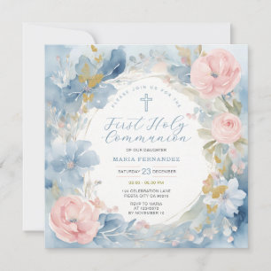 Aquarell Staubblau Floral Erste Heilige Kommunion Einladung