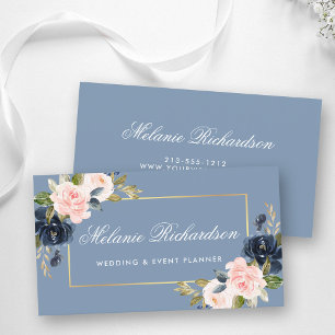 Aquarell Staubblau Rosa Blüten Gold Visitenkarte