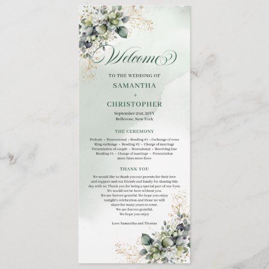 Aquarell Staubgrün Botanisches Hochzeitsprogramm Programm (Vorderseite)