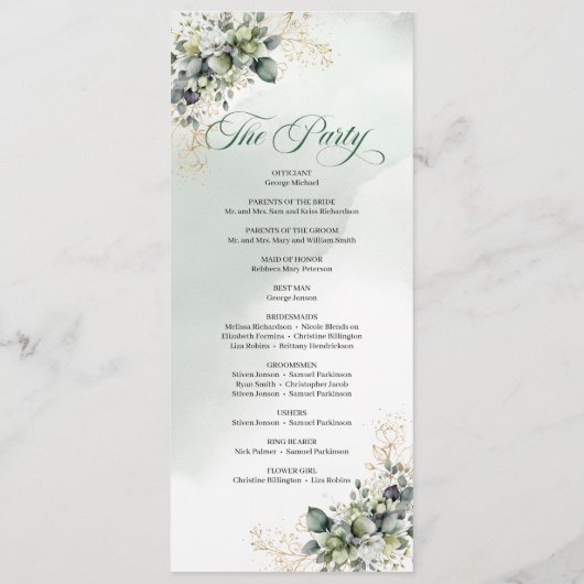 Aquarell Staubgrün Botanisches Hochzeitsprogramm Programm (Rückseite)