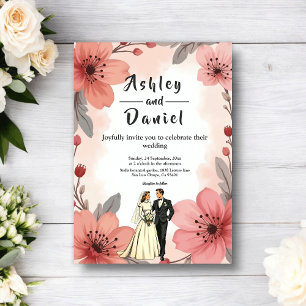 Aquarell Staubige Blumige Braut Und Bräutigam Hoch Einladung