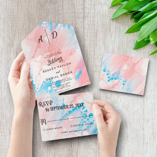 Aquarell staubige Rose All-in-One-Hochzeitseinladu All In One Einladung