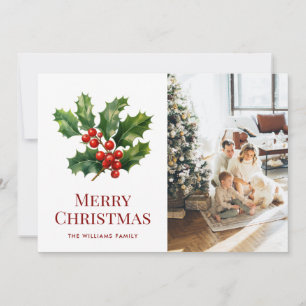 Aquarell-Stechpalmen-Rote-Beeren-Foto-Weihnachtska Feiertagskarte
