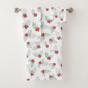 Aquarell-Stechpalmenblätter und rote Beeren Badhandtuch Set