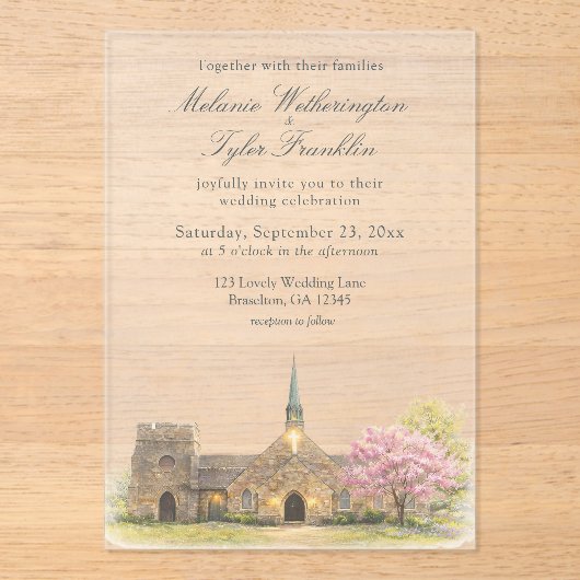 Aquarell Stein Kapelle Frühling Hochzeit Acryleinladungen (Vorderseite)