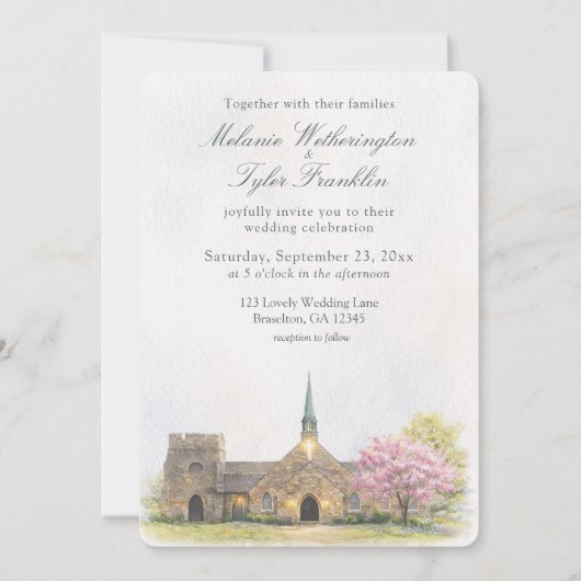 Aquarell-Stein-Kapelle-Frühlings-Hochzeitseinladun Einladung (Vorderseite)