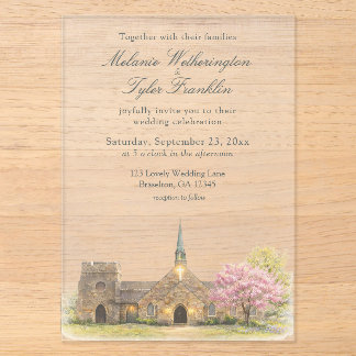 Aquarell-Stein-Kapelle-Frühlingshochzeit Acryleinladungen