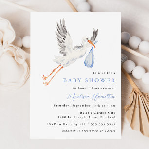 Aquarell-Storch-Blauer-Junge-Baby-Shower-Einladung Einladung