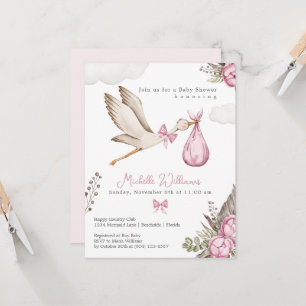 Aquarell-Storch-Mädchen Rosa Baby Shower Einladung