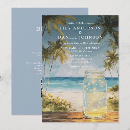 Aquarell-Strand-Mason-Glas-QR-Code-Hochzeit Einladung (Vorne/Hinten)