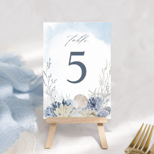 Aquarell-Strand-Ozean-Blau-Boho-Hochzeit Tischnummer