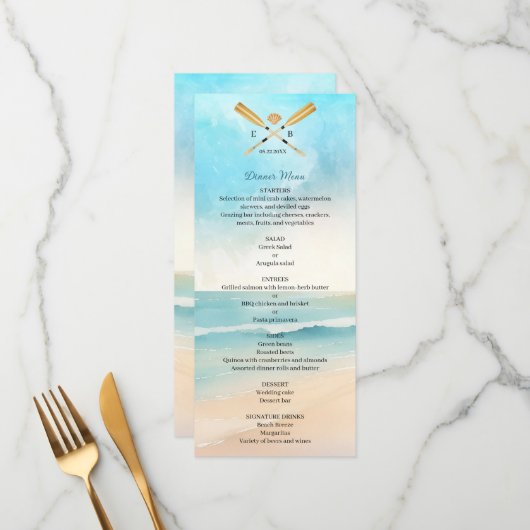 Aquarell-Strand-Ruder-Hochzeit Menükarte (Vorderseite/Rückseite Beispiel)