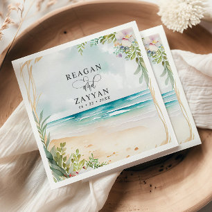 Aquarell Strand Szene Sommerhochzeit Blumen Serviette