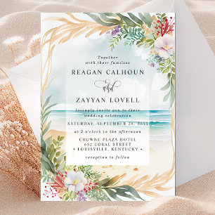 Aquarell Strand Szene Sommerhochzeit mit Blumenmot Einladung